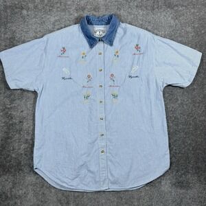 VTG Solutions Shirt Women's Large Blue Striped Embroidered Floral Short Sleeve